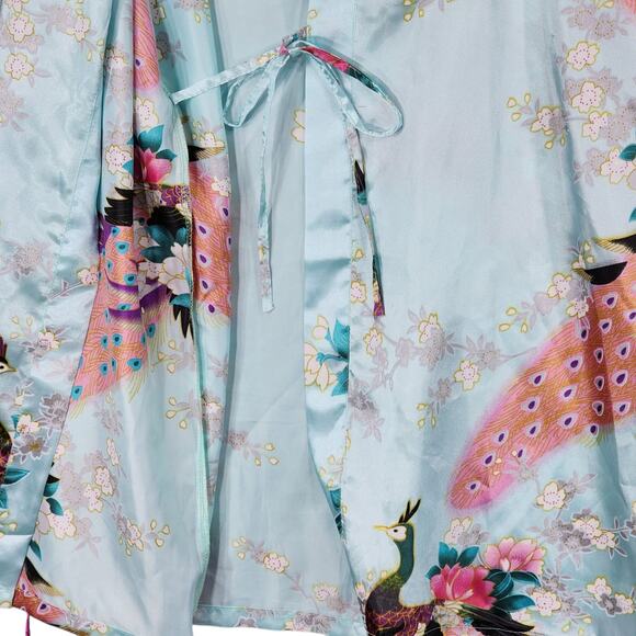 Kimono Robe OS Women Short Light Blue Pink Peach Purple Peacocks Flowers Silky - Picture 5 of 8